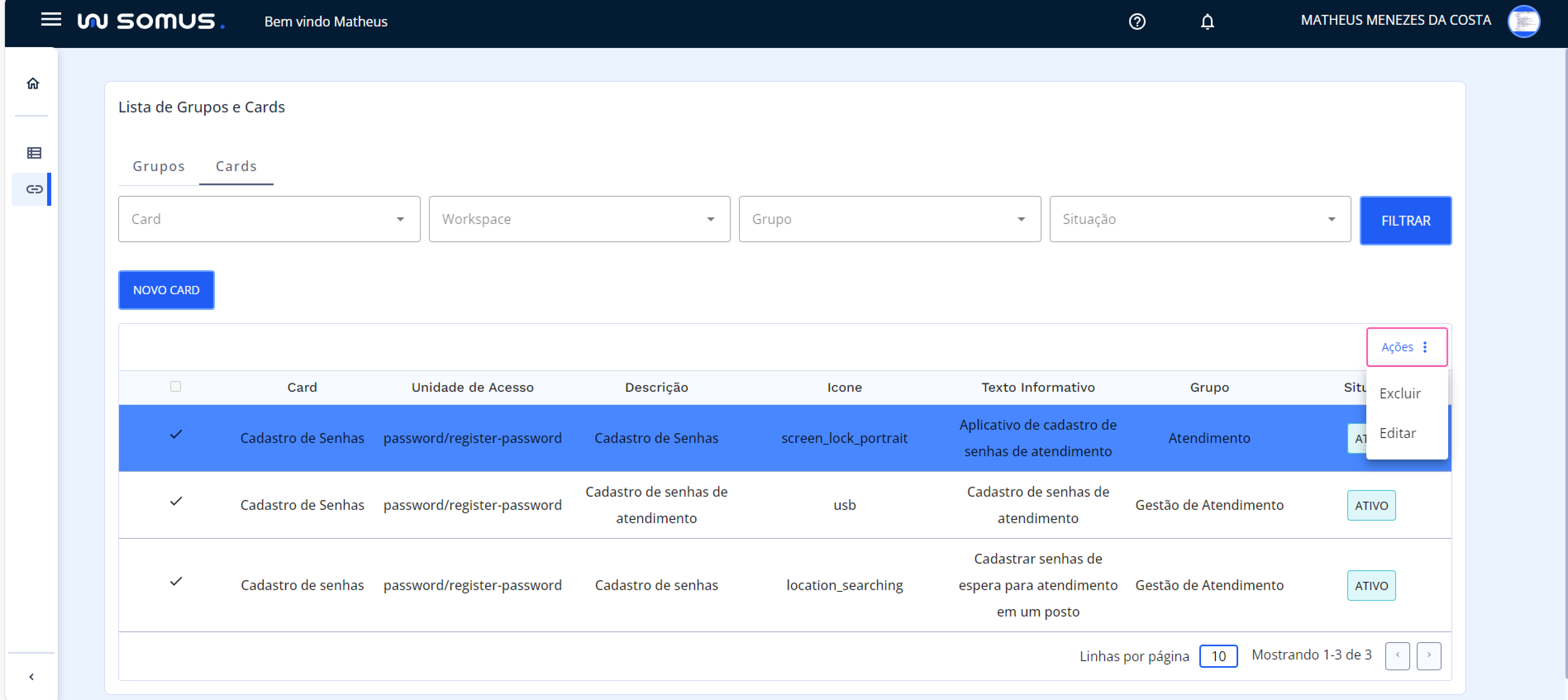 Ações: Editar e Excluir